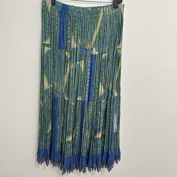 VTG Boho Broomstick Skirt Crinkle Colorful Blue Green Long Maxi Crochet Trim XL - Picture 6 of 10